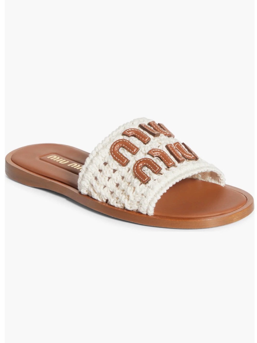Miu Miu Cream Crochet Slide Sandals with Brown Logo